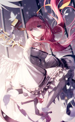 Rule 34 | 1girl, absurdres, angel wings, azur lane, blurry, blurry foreground, breasts, bug, butterfly, cleavage, closed mouth, detached sleeves, dress, falling feathers, feathers, frilled dress, frills, glowing butterfly, grey pantyhose, headdress, highres, hyangu, insect, large breasts, light, light particles, long hair, looking away, pantyhose, perseus (azur lane), pink eyes, pink footwear, pink hair, ponytail, shoes, sidelocks, sitting, sleeveless, sleeveless dress, solo, strapless, strapless dress, white butterfly, white dress, white wings, wings