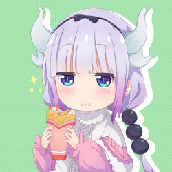 Rule 34 | 10s, 1girl, :i, absurdres, blue eyes, blush, capelet, closed mouth, crepe, dragon girl, dragon horns, food, food on face, fruit, gradient hair, green background, grey background, hairband, highres, holding, holding food, horns, jitome, kanna kamui, kobayashi-san chi no maidragon, kukie-nyan, light purple hair, long sleeves, low twintails, multicolored hair, silhouette, slit pupils, solo, sparkle, strawberry, tail, twintails, upper body