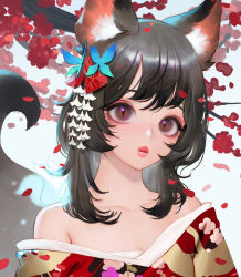 Rule 34 | 1girl, animal, animal ear fluff, animal ears, animal on shoulder, bare shoulders, black hair, branch, commentary, english commentary, eyelashes, flat chest, flower, fox, fox ears, fox girl, fox tail, hair ornament, highres, japanese clothes, kanzashi, kimono, long hair, looking at viewer, off shoulder, original, portrait, red flower, red lips, sidelocks, slit pupils, spirit, tail, transparent, wonbin lee