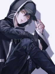 Rule 34 | 1boy, black hair, black headwear, black jacket, black pants, closed mouth, commentary request, danganronpa (series), danganronpa v3: killing harmony, dated, feet out of frame, grey background, hair between eyes, happy birthday, highres, hood, hood up, jacket, long sleeves, looking at viewer, male focus, multicolored nails, nail polish, pants, saihara shuichi, short hair, simple background, sitting, solo, striped clothes, striped jacket, watermark, z-epto (chat-noir86)