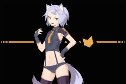 Rule 34 | 1girl, animal ears, armpit cutout, armpits, black background, black gloves, blue hair, breasts, clothing cutout, commentary request, deel (rkeg), fingerless gloves, gloves, green eyes, hand on own hip, hand up, highres, looking at viewer, midriff, navel, original, panties, purple thighhighs, short hair, skindentation, small breasts, smirk, solo, standing, suspenders, tail, thighhighs, underwear