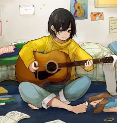 Rule 34 | 1girl, barefoot, bed, bed sheet, black hair, blue pants, book, book stack, capri pants, closed mouth, cushion, guitar, highres, holding, holding guitar, holding instrument, hood, hood down, hoodie, indian style, indoors, instrument, long sleeves, music, nail polish, on floor, open book, original, pants, playing instrument, poster (medium), poster (object), sako (35s 00), sitting, smile, solo, toenail polish, toenails, unworn clothes, unworn socks, yellow hoodie