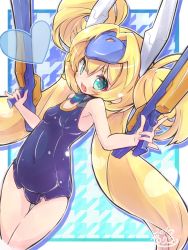 Rule 34 | 1girl, arms up, blazblue, blonde hair, blue eyes, covered navel, dual wielding, gun, highres, holding, long hair, one-piece swimsuit, open mouth, platinum the trinity, quad tails, school swimsuit, smile, solo, swimsuit, very long hair, weapon