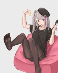 Rule 34 | 1girl, absurdres, beret, blue eyes, cellphone, chips (food), feet, flip phone, girls&#039; frontline, hat, heterochromia, highres, long hair, looking at viewer, mdr (girls&#039; frontline), multicolored hair, open mouth, pantyhose, phone, potato chips, red eyes, shirt, side ponytail, silver hair, soles, streaked hair, t-shirt, toes
