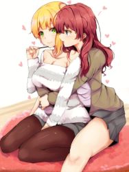 Rule 34 | 10s, 2girls, :3, :d, ahoge, asymmetrical hair, bare legs, blonde hair, blue eyes, blush, breast hold, breasts, brown legwear, cardigan, cleavage, closed mouth, collarbone, commentary request, couple, eye contact, female focus, food, green eyes, grey shorts, grey skirt, happy, heart, highres, hug, hug from behind, ichinose shiki, idolmaster, idolmaster cinderella girls, jewelry, large breasts, legs, long hair, looking at another, looking to the side, miyamoto frederica, multiple girls, neck, necklace, open cardigan, open clothes, open mouth, pantyhose, pleated skirt, pocky, red hair, ryuu., seiza, short hair, shorts, simple background, sitting, skirt, smile, striped clothes, striped sweater, sweater, thighs, wavy hair, white background, yuri