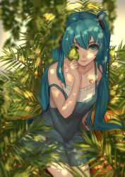 Rule 34 | 1girl, alternate costume, bare shoulders, blue eyes, blue hair, blurry, closed eyes, closed mouth, cowboy shot, dappled sunlight, depth of field, dress, frills, from above, hair ornament, hatsune miku, holding, holding leaf, leaf, long hair, looking at viewer, matching hair/eyes, one eye covered, palm tree, plant, see-through, shade, sitting, sleeveless, sleeveless dress, smile, solo, strap slip, sunlight, tree, twintails, very long hair, vocaloid, whitem (whiteemperor2020)