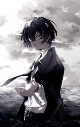 Rule 34 | 1boy, absurdres, bandage over one eye, bandaged arm, bandaged head, bandages, belt, black belt, black jacket, black necktie, black pants, brown eyes, brown hair, bungou stray dogs, closed mouth, dazai osamu (bungou stray dogs), empty eyes, gauze, grey sky, half-closed eyes, highres, jacket, jacket on shoulders, long sleeves, looking at viewer, male focus, muted color, necktie, nozz177, ocean, outstretched hand, pants, shirt, sky, smile, solo, white shirt