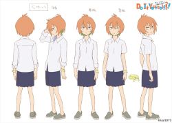 Rule 34 | 1girl, artist request, black eyes, character name, copyright name, copyright notice, do it yourself!!, full body, multiple views, official art, orange hair, pleated skirt, school uniform, shirt, shoes, simple background, skirt, standing, untucked shirt, white background, white shirt, yasaku rei, yellow wristband