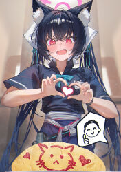 Rule 34 | 1boy, 1girl, absurdres, animal ear fluff, animal ears, betabeet, black hair, black shirt, blue archive, blush, cat ears, commentary, doodle sensei (blue archive), english commentary, fang, food, hair between eyes, halo, heart, heart hands, highres, long hair, looking at viewer, omelet, omurice, open mouth, pink halo, red eyes, sensei (blue archive), serika (blue archive), shirt, short sleeves, solo focus, twintails