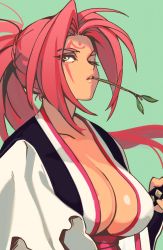 Rule 34 | 1girl, absurdres, arc system works, areola slip, baiken, black kimono, breasts, brown eyes, cleavage, eyelashes, facial tattoo, green background, guilty gear, guilty gear x, guilty gear xx, hand on hilt, highres, japanese clothes, kimono, large breasts, lips, long hair, mouth hold, multicolored clothes, multicolored kimono, no bra, one eye closed, optionaltypo, pink hair, ponytail, solo, stalk in mouth, tattoo, white kimono