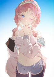 Rule 34 | 1girl, arknights, backlighting, black pants, blue background, blue eyes, blue poison (arknights), blue poison (shoal beat) (arknights), blue shorts, blush, bra, braid, breasts, choker, commentary, cowboy shot, dolphin shorts, earrings, groin, hairband, hand to own mouth, head tilt, highres, indai (3330425), jacket, jewelry, looking at viewer, medium breasts, medium hair, navel, off shoulder, official alternate costume, one eye closed, open clothes, open jacket, pants, pants under shorts, parted bangs, parted lips, pink bra, pink choker, pink hair, short shorts, shorts, single earring, solo, sports bra, standing, stomach, tight clothes, tight pants, twin braids, twintails, underwear, white hairband, white jacket
