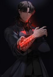 Rule 34 | 1boy, absurdres, arm tattoo, bad id, bad twitter id, black coat, black hair, coat, commentary request, evil grin, evil smile, eyes visible through hair, fate/stay night, fate (series), fingernails, forked eyebrows, glowing, grey eyes, grin, highres, kotomine kirei, long sleeves, looking at viewer, male focus, medium hair, parted bangs, rijjin, sleeves pushed up, smile, solo, tattoo, upper body, veins, veiny arms