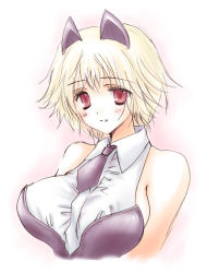 Rule 34 | 1girl, animal ears, bad id, bad pixiv id, bare shoulders, blonde hair, blush, breasts, fantasy earth zero, female focus, gradient background, large breasts, necktie, red eyes, ruirui, short hair, solo, white background