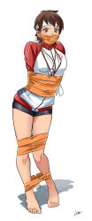 Rule 34 | 1girl, absurdres, arms behind back, bandana, barefoot, bdsm, bondage, bound, bound ankles, bound arms, bound legs, breasts, brown eyes, brown hair, capcom, gag, gagged, gym shorts, gym uniform, highres, improvised gag, kasugano sakura, legs, lost one zero, medium breasts, shorts, small breasts, solo, standing, street fighter, sweat, tape, tape bondage, tape gag, thighs, whistle, whistle around neck