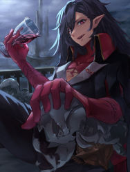 Rule 34 | 1boy, black hair, black legwear, black shirt, blood, commentary, cup, dracula (masterwork apocalypse), elbow gloves, gloves, highres, holding, holding cup, crossed legs, long hair, looking at viewer, male focus, masterwork apocalypse, mochipon (user ztwz5255), open mouth, pointy ears, red eyes, red gloves, shirt, sitting, teeth, turtleneck, upper teeth only, vampire