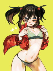 Rule 34 | 1girl, :3, bikini, black hair, blue eyes, cameltoe, closed mouth, cowboy shot, extra eyes, fingernails, flat chest, gluteal fold, green background, green bikini, groin, hair between eyes, hair bobbles, hair ornament, jacket, legs apart, long sleeves, mafuyu hemp, navel, open clothes, open jacket, original, red jacket, short hair, smile, solo, stomach, swimsuit, tongue, tongue out, twintails
