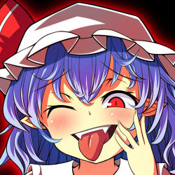 Rule 34 | 1girl, bad id, bad pixiv id, blue hair, blush, fangs, glowing, hand on own face, hat, lowres, mob cap, oimo (imoyoukan), one eye closed, pointy ears, red eyes, remilia scarlet, short hair, smile, solo, tongue, tongue out, touhou