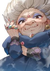 Rule 34 | 1girl, bad id, bad twitter id, blue dress, brooch, brown eyes, cigarette, dress, earrings, eyeshadow, fingernails, floral print, from below, glint, grey hair, half-closed eyes, hand on own arm, highres, holding, holding cigarette, jewelry, long fingernails, looking at viewer, makeup, nail polish, old, old woman, red nails, ring, ryota (ry o ta), sen to chihiro no kamikakushi, sharp fingernails, smile, smoke, solo, sparkle, studio ghibli, v-shaped eyebrows, wart, white background, wrinkled skin, yubaba