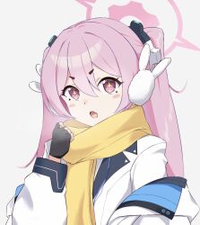 Rule 34 | + +, 1girl, black gloves, blue archive, earmuffs, fang, fingerless gloves, formal, gloves, grey background, halo, highres, jacket, koyuki (blue archive), pink eyes, pink hair, rabbit earmuffs, sanz zzz, scarf, short eyebrows, simple background, skin fang, solo, suit, twintails, white jacket, white suit, yellow scarf