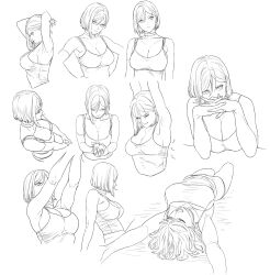 Rule 34 | 1girl, armpits, arms up, breasts, choker, cleavage, closed eyes, collarbone, commentary request, cosmic bear, hair between eyes, highres, large breasts, lineart, lying, multiple views, on back, open mouth, original, panties, short hair, stretching, underwear