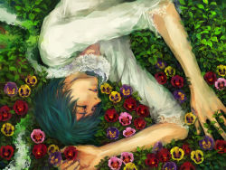 Rule 34 | 1boy, bad id, bad pixiv id, blue hair, closed eyes, flower, kaito (vocaloid), lying, male focus, nr, nr (takeno), on side, pansy, pink flower, pink pansy, purple flower, purple pansy, red flower, red pansy, scarf, shirt, short hair, solo, vocaloid, white shirt, yellow flower, yellow pansy