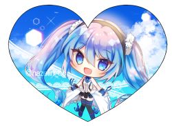 Rule 34 | 1girl, 723/nanahumi, :d, bad id, bad pixiv id, bare shoulders, black skirt, black thighhighs, blue eyes, blue footwear, blue hair, blue sky, blush, chibi, cloud, commentary request, day, fur trim, hair between eyes, hatsune miku, headphones, heart, layered skirt, long hair, looking at viewer, open mouth, pleated skirt, shirt, shoes, sidelocks, skirt, sky, smile, solo, thighhighs, transparent background, twintails, very long hair, vignette, vocaloid, white shirt, wrist cuffs