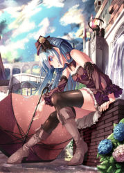 Rule 34 | 1girl, arch, black thighhighs, blue eyes, blue hair, blue sky, boots, brown footwear, cloud, cross-laced footwear, day, detached collar, detached sleeves, flower, frills, from side, hair ornament, half updo, hat, high heel boots, high heels, highres, hydrangea, knee boots, lace-up boots, lee-chan (saraki), lee (saraki), long hair, matching hair/eyes, mini hat, original, outdoors, red umbrella, saraki, sitting, sky, solo, thighhighs, umbrella