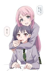 2girls bang_dream! bang_dream!_it&#039;s_mygo!!!!! blazer blush brown_eyes cheek_squash chihaya_anon commentary_request diagonal-striped_clothes diagonal-striped_necktie fang feeding green_necktie green_skirt grey_hair grey_jacket gumoyu hair_behind_ear haneoka_school_uniform holding holding_pen jacket long_hair long_sleeves multiple_girls necktie open_mouth pen pink_hair plaid_clothes plaid_skirt school_uniform shirt short_hair sidelocks simple_background skirt striped_clothes takamatsu_tomori teeth translation_request upper_teeth_only white_background white_shirt