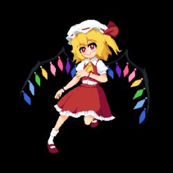 Rule 34 | 1girl, black background, blonde hair, blush, buttons, closed mouth, collared shirt, dress shirt, fds ty, flandre scarlet, frilled skirt, frills, full body, hat, hat ribbon, light smile, looking at viewer, mary janes, medium hair, mob cap, multicolored wings, one side up, pixel art, puffy short sleeves, puffy sleeves, red eyes, red footwear, red ribbon, red skirt, red vest, ribbon, ribbon-trimmed headwear, ribbon trim, shirt, shoes, short sleeves, simple background, skirt, skirt set, socks, solo, touhou, vest, white hat, white shirt, white socks, wings, wrist cuffs