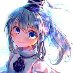 Rule 34 | 1girl, backlighting, bloom, blue eyes, closed mouth, hat, highres, itsumizu, japanese clothes, long hair, mononobe no futo, neck ribbon, pom pom (clothes), ponytail, portrait, ribbon, silver hair, simple background, solo, tate eboshi, touhou, upper body, white background