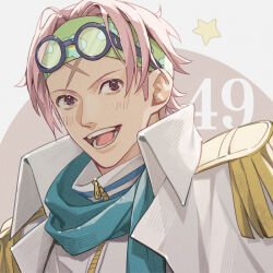 Rule 34 | 1boy, blush, coat, coat on shoulders, collared coat, commentary request, epaulettes, eyewear on head, headband, koby (one piece), male focus, numbered, one piece, open mouth, pink hair, scarf, short hair, sideburns, smile, solo, star (symbol), upper body, white coat, yoshicha