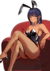Rule 34 | 1girl, animal ears, bare shoulders, black footwear, black leotard, blue hair, breasts, cleavage, closed mouth, collarbone, commentary request, copyright request, couch, crossed legs, dark-skinned female, dark skin, fake animal ears, fishnet pantyhose, fishnets, konbu wakame, leotard, long hair, looking at viewer, on couch, pantyhose, playboy bunny, rabbit ears, shoes, signature, solo, twitter username, yellow eyes