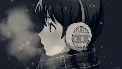 Rule 34 | 1boy, asada hachi, black background, blurry, blurry background, breath, commentary, earmuffs, from side, fuyumi jun, greyscale, highres, idolmaster, idolmaster side-m, looking to the side, male focus, monochrome, parted lips, plaid, plaid scarf, portrait, profile, scarf, snowing, solo, twitter username