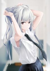 Rule 34 | 1girl, absurdres, arms up, bitterpain, black skirt, blurry, blurry background, brown eyes, buttons, collared shirt, commentary, english commentary, highres, indoors, long hair, looking at viewer, necktie, original, pleated skirt, school uniform, shirt, silver hair, skirt, solo, twintails, white shirt