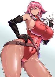 Rule 34 | 1girl, belt, black gloves, brandy (musashiden), brave fencer musashiden, breasts, brown eyes, closed mouth, covered erect nipples, covered navel, gloves, kumakichi (cost-lost), large breasts, leotard, looking at viewer, short hair, simple background, smile, solo