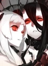 Rule 34 | 10s, 92m, abyssal ship, airfield princess, battleship princess, black hair, demon girl, glowing, glowing eyes, horns, kantai collection, long hair, looking at viewer, multiple girls, open mouth, pale skin, parted lips, personification, red eyes, skin-covered horns, white hair