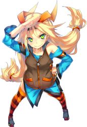 Rule 34 | 1girl, blonde hair, detached sleeves, full body, green eyes, hand on own hip, hood, hoodie, long hair, low-tied long hair, mascot, ntny, official art, ootori kohaku, salute, sleeveless, sleeveless hoodie, smile, solo, striped clothes, striped thighhighs, thighhighs, transparent background, twintails, unity (game engine), v-shaped eyebrows, very long hair