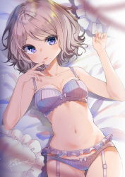 Rule 34 | 1girl, bare arms, bare shoulders, bed sheet, blue eyes, blush, bra, breasts, cleavage, closed mouth, collarbone, finger to mouth, fingernails, from above, garter belt, gluteal fold, heart, highres, kodama (koda mat), looking at viewer, lying, nail polish, navel, on back, on bed, original, panties, pillow, pink nails, purple bra, purple panties, short hair, signature, silver hair, small breasts, smile, solo, stomach, striped bra, striped clothes, striped panties, swept bangs, underwear, underwear only, vertical-striped bra, vertical-striped clothes, vertical-striped panties, wavy hair