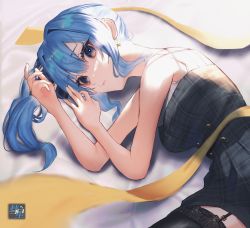 Rule 34 | 1girl, absurdres, alternate breast size, alternate costume, artist logo, bed sheet, black dress, black thighhighs, blue eyes, blue hair, breasts, commentary, cowboy shot, dress, earrings, expressionless, eyelashes, garter straps, hair between eyes, hair intakes, highres, hololive, hoshimachi suisei, hoshimachi suisei (1st costume), jewelry, lace, lace-trimmed legwear, lace trim, long hair, looking at viewer, lying, medium breasts, on side, parted lips, plaid, plaid dress, ribbon, senriyama, shirt, short dress, side ponytail, sidelocks, sleeveless, solo, star (symbol), star earrings, strapless, strapless dress, sunlight, thighhighs, undershirt, virtual youtuber, white shirt, yellow ribbon
