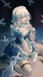 Rule 34 | 1girl, 4317 (ac4882), apron, arm up, bandages, blood, blood on face, blue dress, blue eyes, blue nails, braid, breasts, choker, collarbone, commentary request, dress, hair between eyes, hair ribbon, injury, izayoi sakuya, jewelry, knife, looking at viewer, maid, maid apron, maid headdress, mary janes, medium breasts, medium hair, nail polish, on floor, open mouth, pendant, puffy short sleeves, puffy sleeves, ribbon, shoes, short sleeves, silver hair, sitting, solo, touhou, tress ribbon, twin braids, wrist ribbon