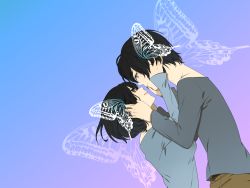Rule 34 | 1boy, 1girl, bad id, bad pixiv id, black hair, butterfly hair ornament, butterfly wings, couple, eyeshadow, hair ornament, hands on another&#039;s face, hetero, imminent kiss, insect wings, kurono yuu, light smile, lips, long sleeves, makeup, nail polish, original, profile, short hair, wings