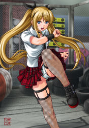 Rule 34 | 1girl, action, black footwear, black nails, black thighhighs, blonde hair, blue eyes, blurry, bow, bow panties, chain-link fence, collared shirt, cowboy shot, crotch, dead or alive, dead or alive 5, depth of field, female focus, fence, fishnet thighhighs, fishnets, flat chest, floating hair, hair bow, hair ornament, hair ribbon, highres, kicking, leg lift, long hair, looking at viewer, marie rose, miniskirt, nail polish, necktie, niitsu riu, open mouth, outdoors, panties, pantyshot, plaid, plaid skirt, pleated skirt, red skirt, ribbon, shirt, shoes, short sleeves, skindentation, skirt, solo, standing, standing on one leg, thigh gap, thighhighs, thighs, tire, twintails, underwear, very long hair, white panties, white shirt