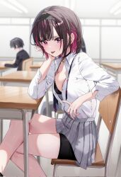Rule 34 | 1boy, 1girl, black bra, black choker, black hair, black hairband, blush, bra, breasts, chair, chigusa minori, choker, commentary request, corrupted twitter file, crossed legs, desk, feet out of frame, from side, grey skirt, hair ornament, hairband, highres, indoors, large breasts, long sleeves, looking at viewer, looking to the side, multicolored hair, parted lips, partially unbuttoned, pleated skirt, purple eyes, purple hair, shino to ren, shirayuki ren, shirt, shirt tucked in, short hair, sitting, skirt, smile, thighs, tongue, tongue out, two-tone hair, underwear, white shirt