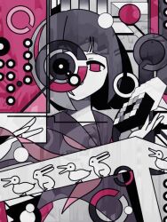 Rule 34 | 1girl, abstract, black hair, black serafuku, blunt bangs, blunt ends, bob cut, commentary, double exposure, expressionless, eye chart, floating hair, hanareau zero (vocaloid), hands up, impossible cube, landolt c, limited palette, looking at viewer, machigami yoh, neckerchief, no mouth, no pupils, occluder, one eye covered, optical illusion, penrose stairs, rabbit-duck illusion, red eyes, red neckerchief, school uniform, serafuku, short hair, solo, straight-on, upper body