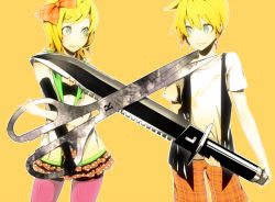 Rule 34 | 1boy, 1girl, 85, :p, aqua eyes, blonde hair, bow, brother and sister, hair bow, hair ornament, hairclip, kagamine len, kagamine rin, knife, pantyhose, pink pantyhose, scissors, short hair, siblings, smile, tongue, tongue out, twins, vocaloid