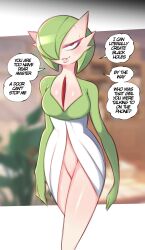 Rule 34 | 1girl, blurry, blurry background, blush, breasts, colored skin, cowboy shot, creatures (company), english text, game freak, gardevoir, gen 3 pokemon, green hair, grin, hair over one eye, half-closed eyes, highres, lips, looking at viewer, medium breasts, nintendo, no humans, pokemon, red eyes, saltyxodium, shiny skin, smile, solo, speech bubble, thick lips, white skin, yandere