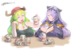 Rule 34 | 2girls, :d, absurdres, bare arms, bare shoulders, beer can, blonde hair, breast rest, breasts, camilla (fire emblem), camisole, can, cleavage, closed eyes, closed mouth, commentary request, crossover, dated, dragon girl, drink can, drooling, drunk, facing viewer, female focus, fire emblem, fire emblem fates, gauntlets, gorgeous mushroom, green hair, hair over one eye, headpiece, highres, horns, huge breasts, kobayashi-san chi no maidragon, large breasts, long hair, lucoa (maidragon), multicolored hair, multiple girls, nintendo, open mouth, purple hair, signature, sitting, sketch, smile, table, trait connection