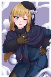 Rule 34 | 1girl, black headwear, blonde hair, blue eyes, blue jacket, blue sweater, breasts, brown gloves, fate (series), fur collar, gloves, grey rose, hand on own hip, hand on own chest, highres, jacket, long hair, long sleeves, looking at viewer, lord el-melloi ii case files, mercury (element), one eye closed, pantyhose, parted lips, reines el-melloi archisorte, seraphim throne, small breasts, smile, solo, sweater, sweater around neck, tilted headwear, volumen hydragyrum (fate)