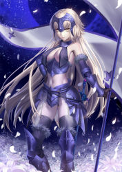 Rule 34 | 1girl, absurdres, adapted costume, armor, armored boots, bare shoulders, belt, belt buckle, black thighhighs, blonde hair, boots, braid, breasts, buckle, cleavage, closed mouth, contrapposto, corset, eyebrows, eyelashes, fate/grand order, fate (series), faulds, flag, flower, fur trim, garter belt, gorget, hand on own hip, headpiece, highres, holding, jeanne d&#039;arc (fate), jeanne d&#039;arc alter (avenger) (fate), jeanne d&#039;arc alter (avenger) (third ascension) (fate), jeanne d&#039;arc alter (fate), lace trim, large breasts, light particles, lily (flower), long hair, looking at viewer, maomaozi, midriff, navel, night, night sky, outdoors, petals, pole, red lips, revision, see-through, sky, solo, standing, stomach, sword, thighhighs, vambraces, very long hair, weapon, white flower, yellow eyes