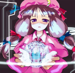 Rule 34 | 1girl, collared dress, crescent, dress, female focus, frills, glowing, gotyou, hat, long hair, long sleeves, looking at viewer, magic, mob cap, orb, patchouli knowledge, pink dress, purple eyes, purple hair, shaded face, solo, orb, touhou, very long hair